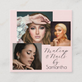 Elegante Blush Roze Zwarte Script 3 Foto Make-up Vierkante Visitekaartje