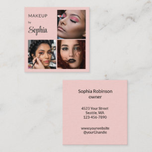 Elegante Blush Roze Zwarte Script 3 Foto Make-up Vierkante Visitekaartje