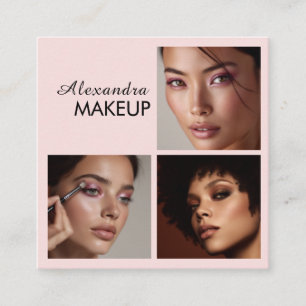 Elegante Blush Roze Zwarte Script 3 Foto Make-up Vierkante Visitekaartje