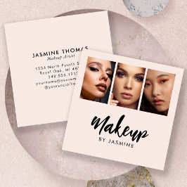 Elegante Blush Roze Zwarte Script 3 Foto Make-up Vierkante Visitekaartje