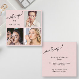 Elegante Blush Roze Zwarte Script 3 Foto Make-up Vierkante Visitekaartje