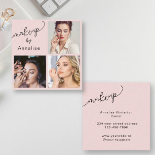 Elegante Blush Roze Zwarte Script 3 Foto Make-up Vierkante Visitekaartje