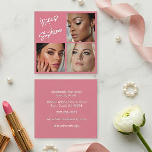 Elegante Blush Roze Zwarte Script 3 Foto Make-up Vierkante Visitekaartje
