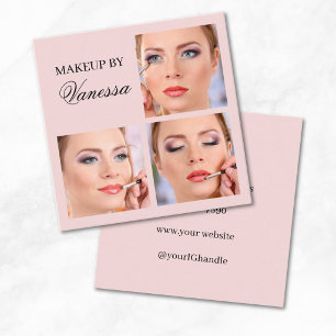 Elegante Blush Roze Zwarte Script 3 Foto Make-up Vierkante Visitekaartje