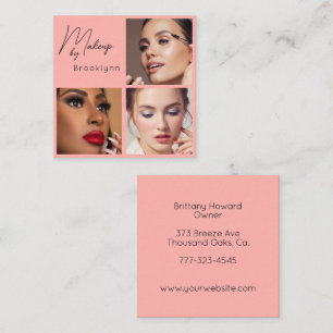 Elegante Blush Roze Zwarte Script 3 Foto Make-up Vierkante Visitekaartje