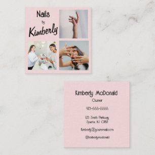 Elegante Blush Roze Zwarte Script 3 Foto Nagel Sal Vierkante Visitekaartje