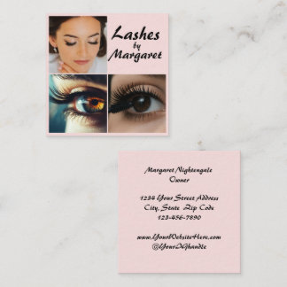 Elegante Blush Roze Zwarte Script 3 Foto Wimpers Vierkante Visitekaartje