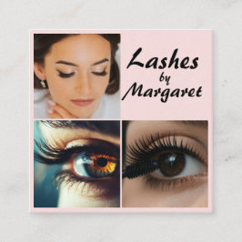 Elegante Blush Roze Zwarte Script 3 Foto Wimpers Vierkante Visitekaartje