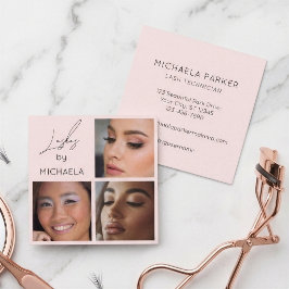 Elegante Blush Roze Zwarte Script 3 Foto Wimpers Vierkante Visitekaartje