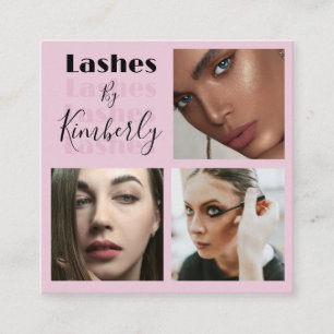 Elegante Blush Roze Zwarte Script 3 Foto Wimpers Vierkante Visitekaartje