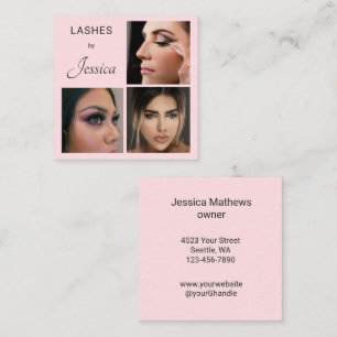 Elegante Blush Roze Zwarte Script 3 Foto Wimpers Vierkante Visitekaartje