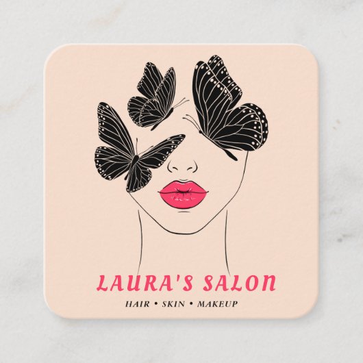 Elegante Blush Roze & Zwarte Vlinder Vrouwen Schoo Vierkante Visitekaartje (Voorkant)