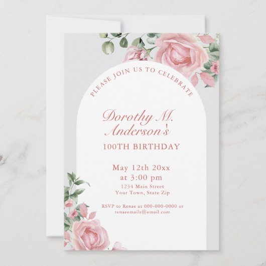 Elegante Blush Rozen 100ste verjaardagsfeest Kaart (Voorkant)