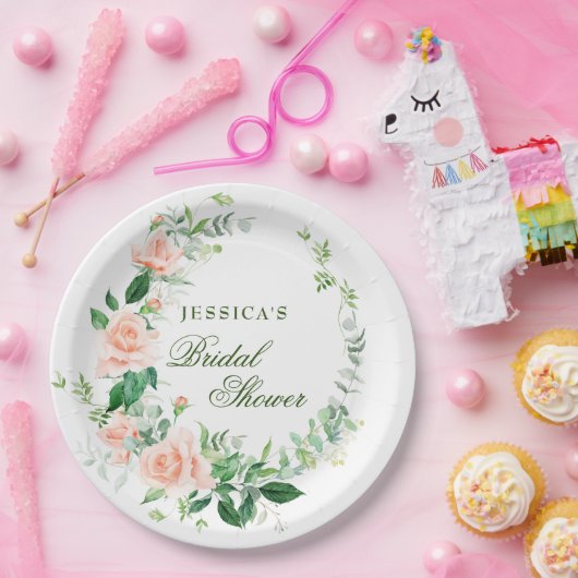 Elegante Blush Rozen Bloemrijke Groen Bruids Bruil Papieren Bordje (Feest)