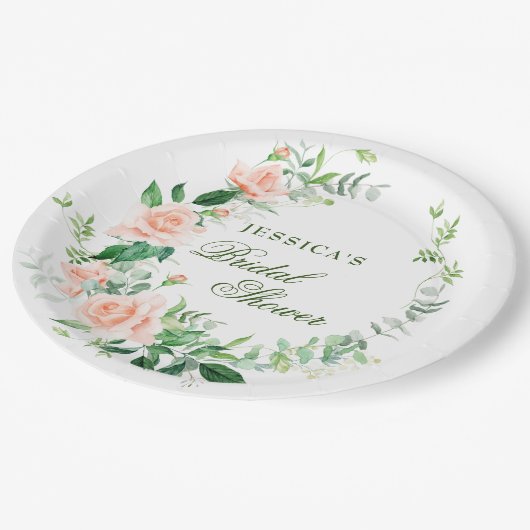 Elegante Blush Rozen Bloemrijke Groen Bruids Bruil Papieren Bordje (Gekanteld)