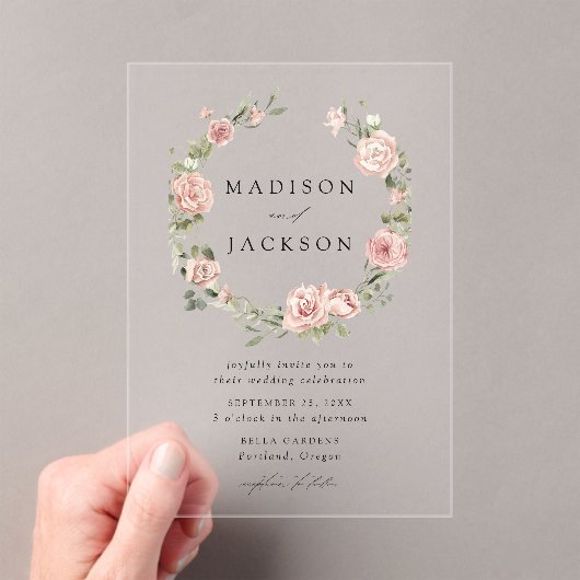 Elegante Blush Rozen en Green Wreath Bruiloft Acryl Uitnodigingen (Insitu (Draagbaar))