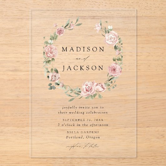 Elegante Blush Rozen en Green Wreath Bruiloft Acryl Uitnodigingen (Voorkant)