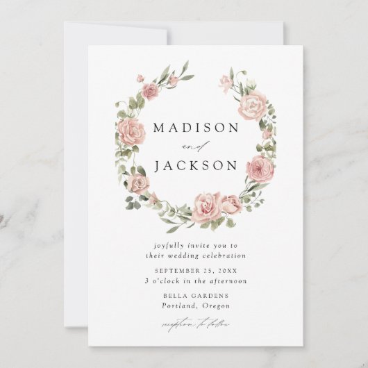 Elegante Blush Rozen en Green Wreath Bruiloft Kaart (Voorkant)