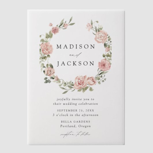 Elegante Blush Rozen en Green Wreath Bruiloft Vellum Uitnodigingen (Voorkant)