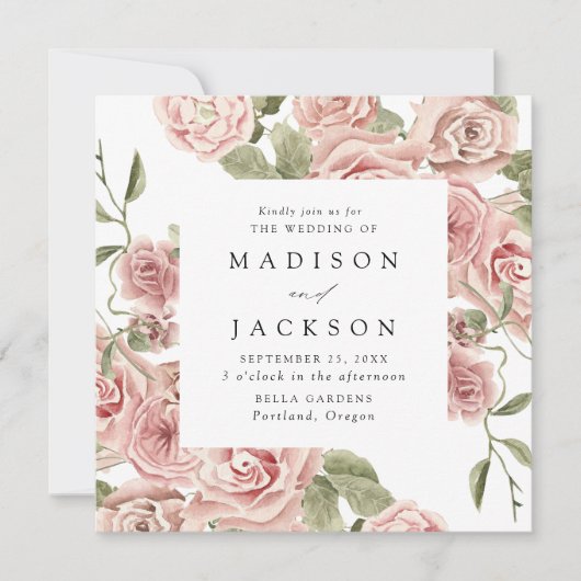 Elegante Blush Rozen en groen vierkante bruiloft Kaart (Voorkant)