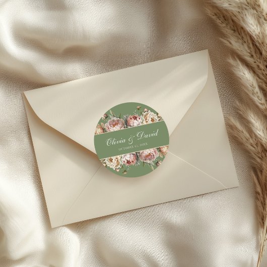Elegante Blush Sage Green Pioenenbruiloft Ronde Sticker