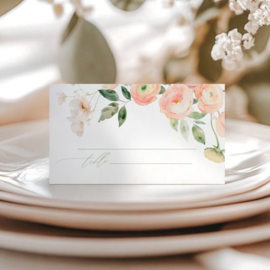 Elegante Blush & Sage Groene Bloemen Huwelijk Plaatskaartje