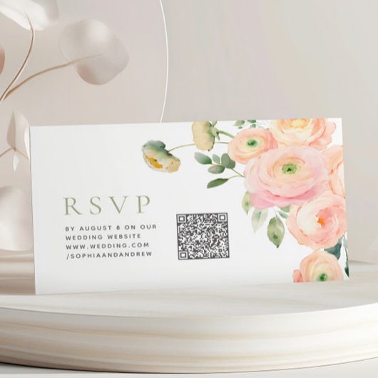 Elegante Blush & Sage Groene Bruiloft QR Code RSVP Informatiekaartje