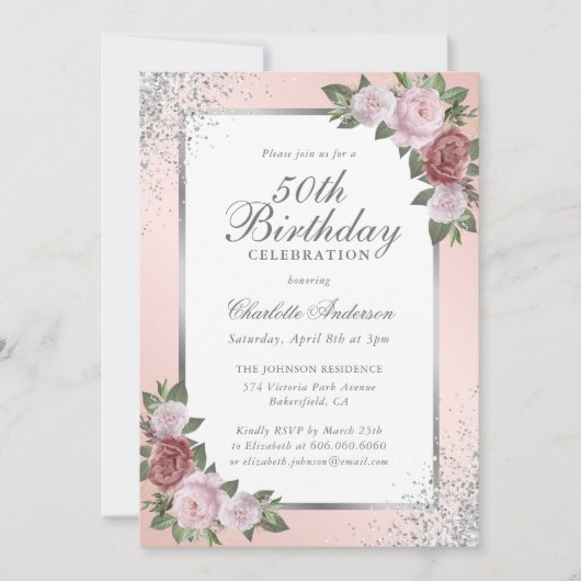 Elegante Blush Silver Confetti Floral 50e verjaard Kaart (Voorkant)