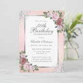 Elegante Blush Silver Confetti Floral 50e verjaard Kaart (Staand voorkant)