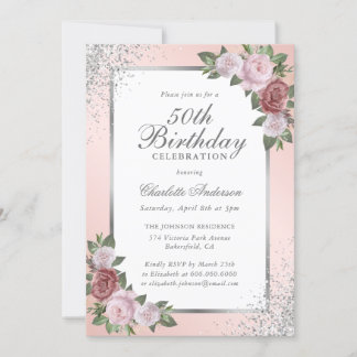 Elegante Blush Silver Confetti Floral 50e verjaard Kaart