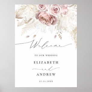 Elegante Blush Stof Roze Bloemige Trouw Welkom Poster