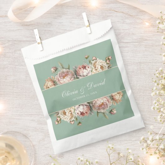 Elegante Blush Stof Roze Pioenrozen Zachtgroene Sa Bedankzakje (Geknipt)