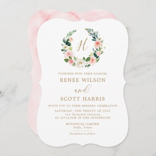 Elegante Blush Watercolor Bloemige Monogram Bruilo Kaart (Voorkant / Achterkant)
