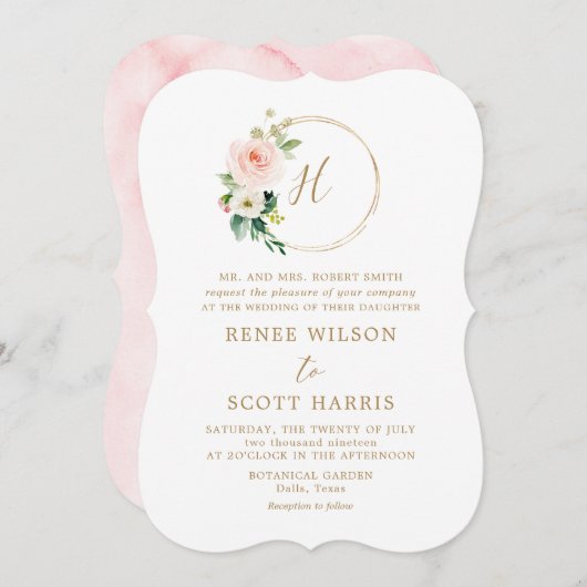 Elegante Blush Watercolor Bloemige Monogram Bruilo Kaart (Voorkant / Achterkant)