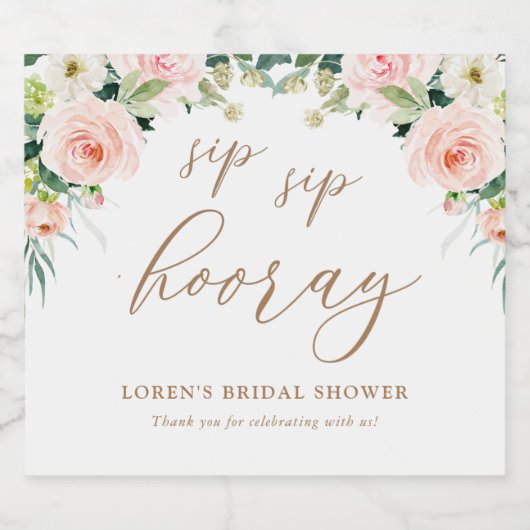 Elegante Blush Waterverf Bloemrijke Sip Sip Hooray Sparkling Wijnetiket (Enkel label)