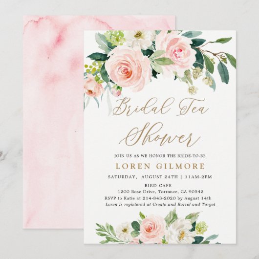 Elegante Blush Waterverf Bruids Theeschower Invita Kaart (Voorkant / Achterkant)