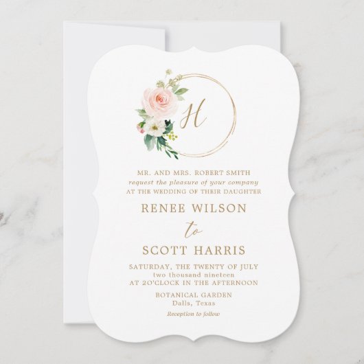 Elegante Blush Waterverf Floral Monogram Bruiloft Kaart (Voorkant)