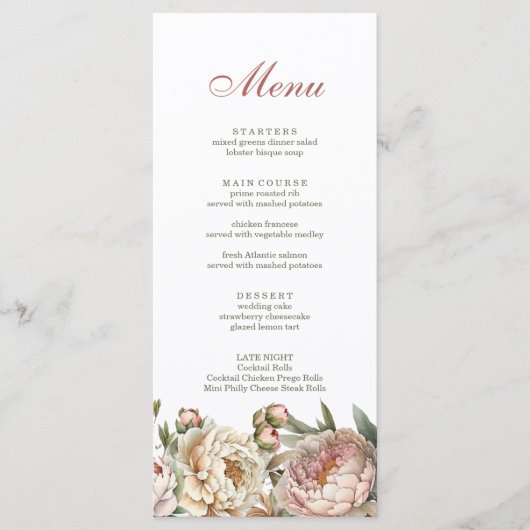 Elegante Blush Waterverf Pioenrozen Menu Kaart (Voorkant)
