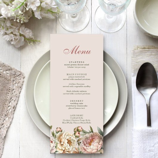 Elegante Blush Waterverf Pioenrozen Menu Kaart