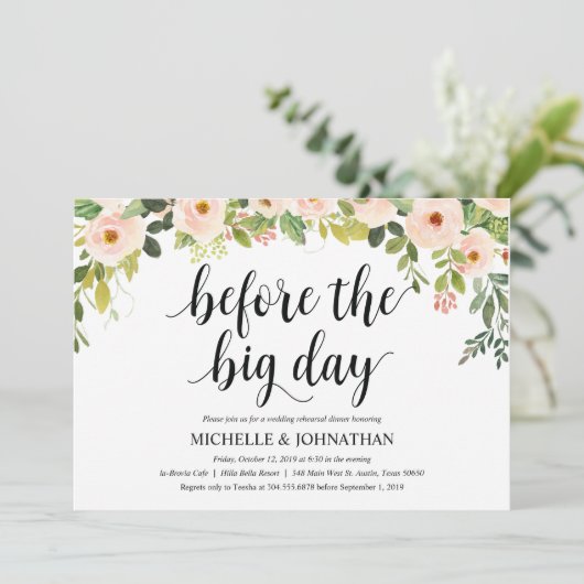 Elegante Blush Wedding Repetitie Diner Uitnodigt Kaart (Staand voorkant)