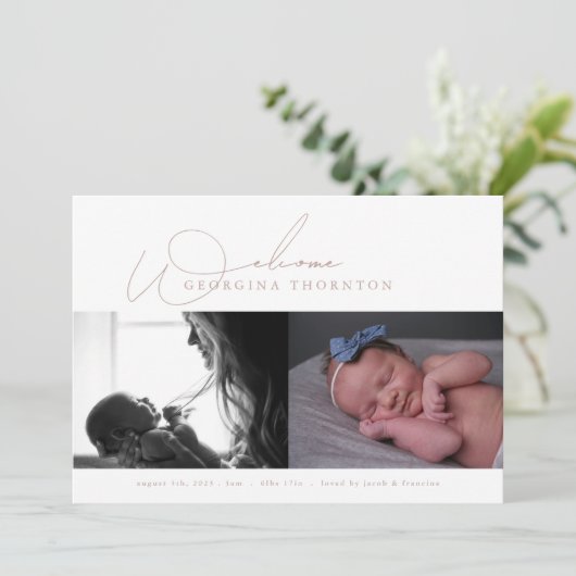 Elegante Blush Welkom Foto Collage baby Geboorte Aankondiging (Staand voorkant)