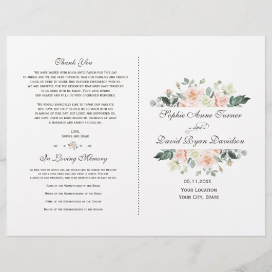 Elegante Blush Witte Crème Bloemige Trouwprogramma (Voorkant)
