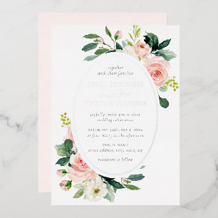 Elegante Blush Zilveren Bloemachtige Huwelijk Folie Uitnodiging