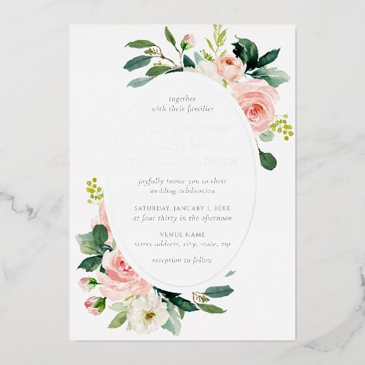 Elegante Blush Zilveren Bloemen Huwelijk Folie Uitnodiging (Voorkant)