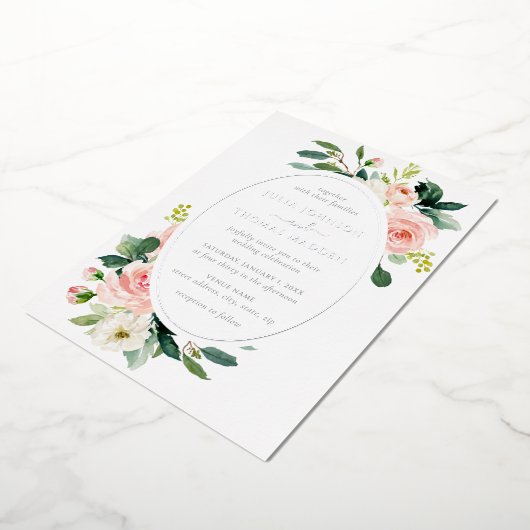 Elegante Blush Zilveren Bloemen Huwelijk Folie Uitnodiging (Gedraaid)