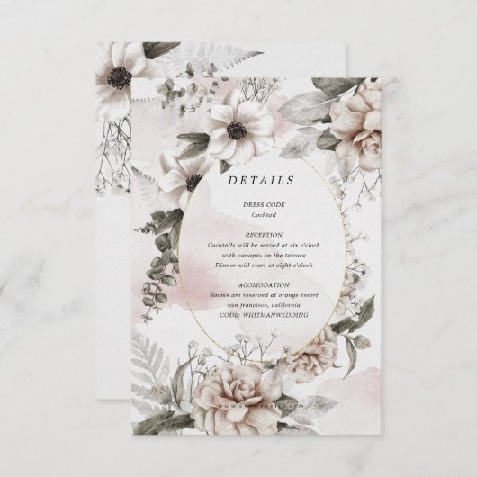 Elegante Blush Zilveren Bloemen Receptie Details K Informatiekaartje (Voorkant / Achterkant)