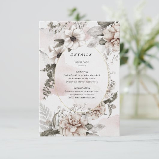 Elegante Blush Zilveren Bloemen Receptie Details K Informatiekaartje (Staand voorkant)