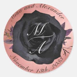 Elegante Blush Zwart Roos Monogram Huwelijkssticke Ronde Sticker