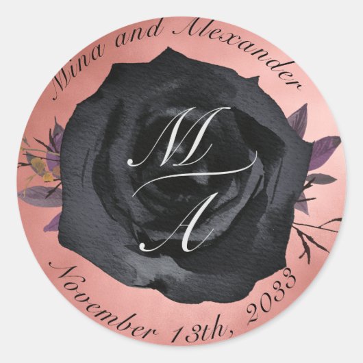 Elegante Blush Zwart Roos Monogram Huwelijkssticke Ronde Sticker (Voorkant)