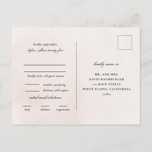 Elegante Blush & Zwart Waterverf Kant Bruiloft RSV Uitnodiging Briefkaart (Achterkant)